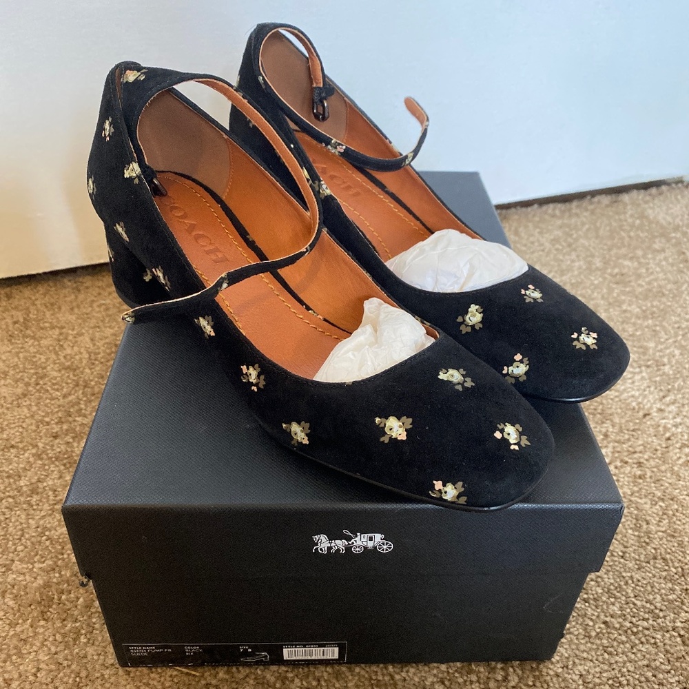 Coach NIB suede floral low heel Mary Janes